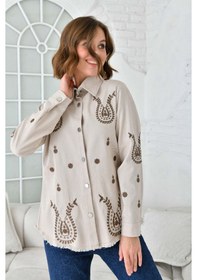 Resim Kadın Bej Gabardin Gömlek - Oversize Beden Bej 