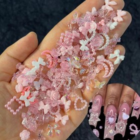 Resim 50 adet İnci Pembe Kurdele ve Kalp Şekilli Taşlı Tırnak Süsleri - Kawaii Çiçekler, Kelebekler, DIY Manikürler için Şanslar, Tırnak Sanatı Aksesuarları, Tırnak Sanatı Malzemeleri | Zihinsel Tırnak Süsü | Parıldayan Taşlar 