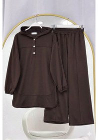 Resim Lovie Moda Kapüşonlu Düğme Detaylı Pantolonlu Takım Kahverengi 