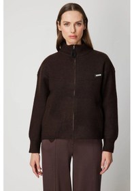 Resim On Fashion Kadın Beli Lastikli Dik Yaka Fermuarlı Kahverengi Hırka 60937 Kahve 