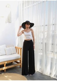 Resim Defymoda Keten Önü Çapraz Parçali Lasti Kli Ve Bağcikli Geni Ş Paça Pantolon Siyah 