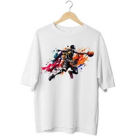Resim Panda Baskı Tekstil Renkli Basketbolcu Özel Tasarım Oversize Tshirt Beyaz 