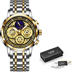 Resim Hanyang Altın Siyah Lıge 2023 Yeni Moda Erkekler Izle Takvim Paslanmaz Çelik Üst Marka Lüks Spor Chronograph Kuvars Izle Relogio Masculino + Kutu (Yurt Dışından) 