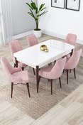 Resim Canisa Lia Serisi 80x132 Açılabilir Mutfak Masası Takımı Beyaz Ceviz Masa 6 Pembe Sandalye 
