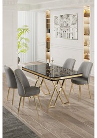 Resim Canisa Vals Serisi 80x130 Lak Panel Siyah Mermer Desen Masa Takımı Gold Ayaklı 4 Gri Sandalye Masa Siyah Mermer Desen Sandalye Gri 
