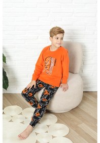Resim Yeni Stil Sonbahar/kış Erkek Çocuk Basketball Desenli Polar Pijama Takımı 4562 Turuncu 