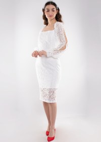 Resim Dans 1442 Kare Yaka Kol Yırtmaçlı Dantel Kısa Nikahlık Elbise 