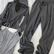 Resim Kadınlar için Rahat 3 Parça Takım, Bahar/ Sonbahar Kapüşonlu Sweatshirt Yelek ve Geniş Paça Pantolon, %100 Polyester Triko Kumaş, Düz Renk, Düğme Detayı, 180g/m² - Rahat Ev Giyimi 
