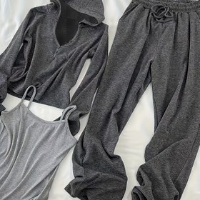 Resim Kadınlar için Rahat 3 Parça Takım, Bahar/ Sonbahar Kapüşonlu Sweatshirt Yelek ve Geniş Paça Pantolon, %100 Polyester Triko Kumaş, Düz Renk, Düğme Detayı, 180g/m² - Rahat Ev Giyimi 