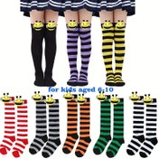 Resim Çocuklar için Sevimli Arı Yüzleri ile Halloween Çorapları - Erkek & Kız Çocukları için Çeşitli Renklerde, Çizgili Diz Üstü Esnek Polyester-Spandeks Karışımı, Halloween Kostümleri ve Günlük Oyun, Halloween Giysileri, Örme Dokusu, Eğlenceli Çorap Tasarımları, Rahat Kalıp 