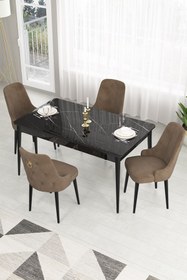 Resim Canisa Lav Serisi 80x130 Sabit Siyah Mermer Masa Takımı Ve 4 Kahverengi Sandalye 