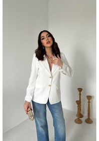 Resim Cemo Kadın Klasik Yaka Gold Düğme Detaylı Blazer Ceket Ekru 