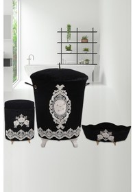 Resim Lisa Siyah 3'lü Çeyizlik Dantelli Banyo Kirli Çamaşır Sepeti Seti 