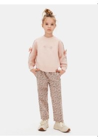 Resim Kız Çocuk Kolları Leopar Şeritli Fiyonklu Sweatshirt-16133 Pudra 