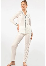 Resim Türen 3365 Kadın Uzun Kollu Gömlek Yaka Pijama Takım-ekru Çok Renkli 