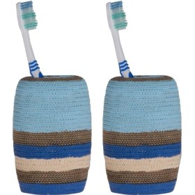 Resim 2 Adet Diş Fırçalık Mavi Örgü Poliresin 7x7x11cm Banyo Seti Çok Renkli 