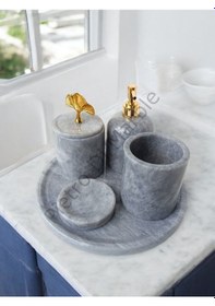 Resim Gri Mermer Klasik Model 5 Parça Gold Renk Japon Gülü Aksesuarlı Banyo Seti Gri 