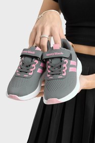 Resim Tonny Black Çocuk Unisex Füme Pembe Eva Taban Yanı Şeritli File Detaylı Cırtlı Spor Ayakkabı 