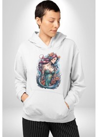 Resim Deniz Kızı Çiçek Kadın Erkek Beyaz Kapüşonlu Sweatshirt Hoodie Beyaz 