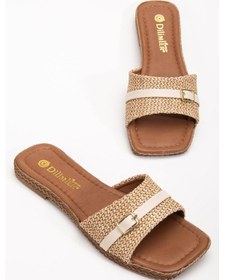 Resim Kadın Düz Topuk Terlik Bej Hasır Kalın Tek Bant-3901 Bej 