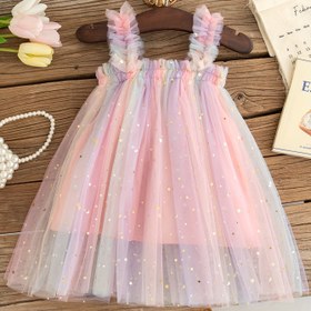 Resim Bebek kızlar için yazlık gökkuşağı dereceli pullu dantel trim elbise, şık prenses partileri ve festivaller için mükemmel. 