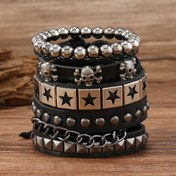 Resim 4 Parça Erkek Moda Çok Katmanlı Geniş Suni Deri Bileklik Seti, Bully Alaşım Kafatası Pentagram 