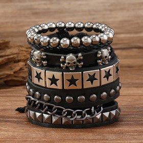 Resim 4 Parça Erkek Moda Çok Katmanlı Geniş Suni Deri Bileklik Seti, Bully Alaşım Kafatası Pentagram 