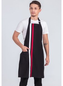Resim Erkek Boyundan Asmalı Çizgili Barista Şef Mutfak Önlüğü Siyah 