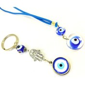 Resim cuaderno Nazar Boncuğu Fatıma Eli/Hamse Çift Metal Anahtarlık +Cam Dikiz Ayna Süsü Hediyelik Set 