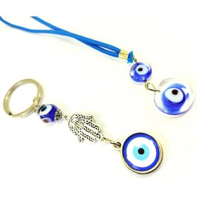 Resim cuaderno Nazar Boncuğu Fatıma Eli/Hamse Çift Metal Anahtarlık +Cam Dikiz Ayna Süsü Hediyelik Set 
