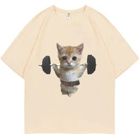 Resim Snapbuy Sam Sulek Komik Kedi Grafik Baskılı T-shirt - Erkek/kadın Spor Giyim Kısa Kolluhaki Haki 