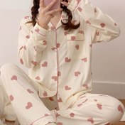 Resim Sevgililer Günü Kadınlar İçin Kalp Desenli Pijama Takımı - Rahat Polyester, Uzun Kollu Düğmeli Üst & Elastik Bel Pantolon, İlkbahar/Sonbahar İçin Mükemmel 