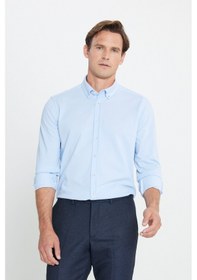 Resim AC&Co / Altınyıldız Classics Erkek Acık Mavı Pamuklu Örme Slim Fit Dar Kesim Düğmeli Yaka Gömlek Açık Mavi 