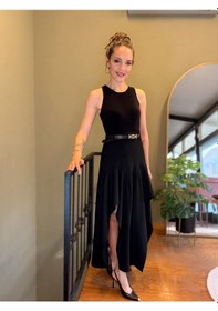 Resim Ali Butik Siyah Kemerli Asimetrik Parçalı Elbise 