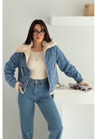 Resim Kadın Kürk Astarlı Denim Ceket Sıcak & Sokak Stili Mavi 