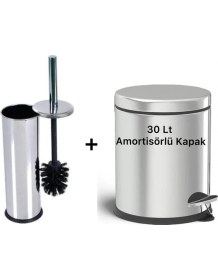 Resim 30 Litre Paslanma Krom 2'li Banyo Seti Pedallı Çöp Kovası Wc Klozet Tuvalet Fırça Seti Banyo 
