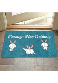 Resim Dijital Baskılı Kapı Önü Paspas Hoşgeldiniz Yazılı Çiçek Desen Ve Tavşan Iç Ve Dış Kapı Yıkanabilir Gri 