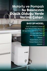 Resim H-MAX Reverse Osmosis System 12 Litre Pompalı 15 Aşama Multi Mineralli 80 GPD Su Arıtma Cihazı HMAXB4512P 