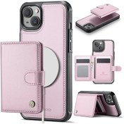 Resim İphone 15 Kılıfı İçin Rfıd Engellemeli Kart Tutucu Deri Arka Telefon Kılıfı Magsafe İle Uyumlu - Pembe Pembe 
