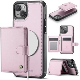 Resim İphone 15 Kılıfı İçin Rfıd Engellemeli Kart Tutucu Deri Arka Telefon Kılıfı Magsafe İle Uyumlu - Pembe Pembe 