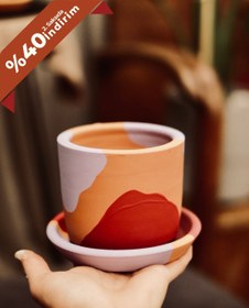Resim Terracotta Silindir Saksı+Tabak • Kırmızının Tonları - Büyük (22.5x21cm) 