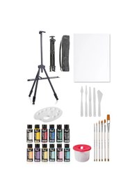 Resim Rich Mastermix Akrilik Boya Seti 12 Renk 3 Ayaklı Şövale 35x50 Tuval Metal Şövale Plastik Spatül Set 