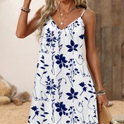 Resim Kadınlar için şık mavi çiçek desenli V-Neck kolsuz elbise - Hafif polyester, ilkbahar ve yaz için mükemmel, rahat ancak şık tasarım, cepler, plaj örtüsü elbise | Cepler | Zarif çiçek deseni 
