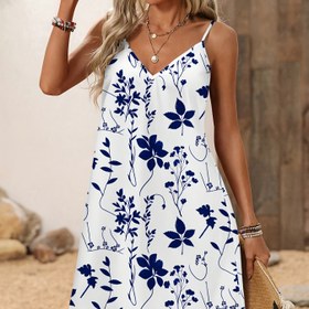 Resim Kadınlar için şık mavi çiçek desenli V-Neck kolsuz elbise - Hafif polyester, ilkbahar ve yaz için mükemmel, rahat ancak şık tasarım, cepler, plaj örtüsü elbise | Cepler | Zarif çiçek deseni 