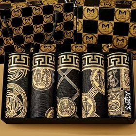 Resim Şövalye Baskılı 5 Adet Erkek Siyah & Altın Renkli Boxer Külot - Kaygan Lif Kumaş, Günlük Konfor için Nefes Alabilir & Esnek İç Çamaşırı, Makinede Yıkanabilir, Rahat Erkek Giyim, Pürüzsüz Dokulu Boxerlar 