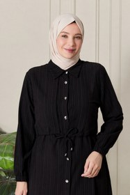 Resim Ferace Büyük Beden Tesettür İkili Takım - Gofre Kumaş Düğmeli Tunik Pantolon Set 