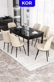Resim Canisa Kor Serisi 70x114 Açılabilir Mutfak Masası Takımı Siyah Mermer Desen Masa 6 Krem Sandalye 