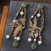 Resim Şık Püskül Süslemeli Çiçekli Zi Zihao, Muhteşem ve Zarif Çok Yönlü Altın Balığı Emaye Renkli Klasik Bakır Alaşımlı Retro Eski Saray Tarzı Hanfu Küpeler Tatil Banket Bohem Küpeleri için Uygun 