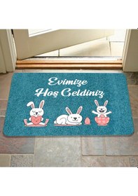 Resim Dijital Baskılı Kapı Önü Paspas Hoşgeldiniz Yazılı Çiçek Desen Ve Tavşan Iç Ve Dış Kapı Yıkanabilir Kahverengi 