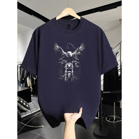 Resim Erkek Casual Şık 200G 100% Pamuk T-Shirt - Kısa Kollu, Yuvarlak Yaka, Kartal Motorlu Bisiklet Sürerken Baskılı, Basit ve Trendy, Geziler ve Sporlar için Mükemmel, Noel için Gerekli. 
